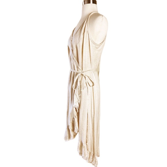 Resort Midi Wrap Dress by T. ZOVICH Linen Sleeveless Beige Raw Hem Ecofriendly - Picture 16 of 16
